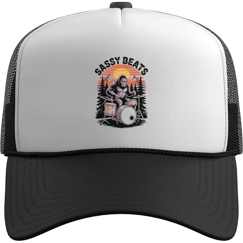 Bigfoot Drummer Sassy Beats Halloween Rock Cryptid Costume Trucker Hat with Adjustable Mesh Back