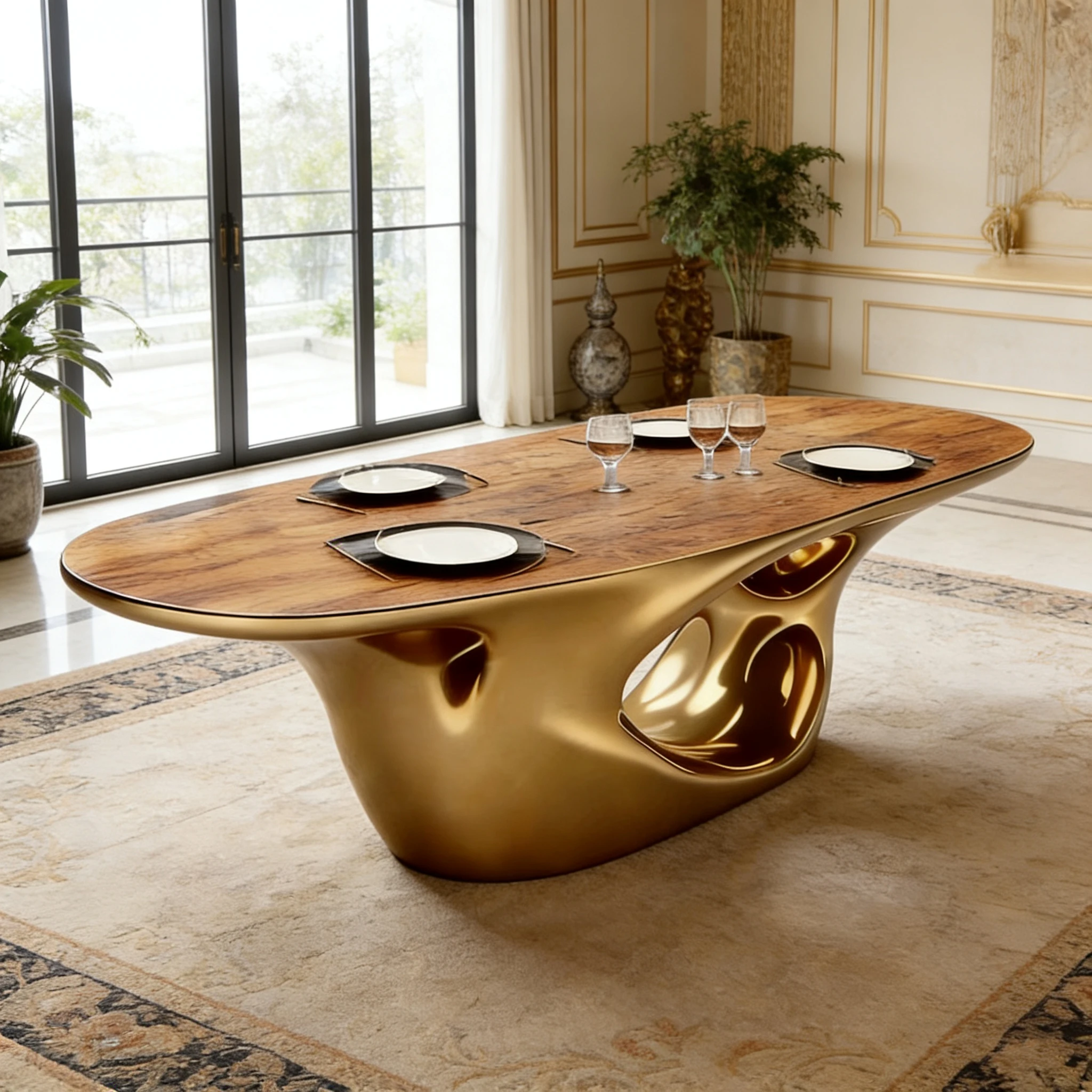 S*-Luxury Modern Irregular Dining Table with Sculptural Gilded Fiberglass Base and Natural Wood Veneer