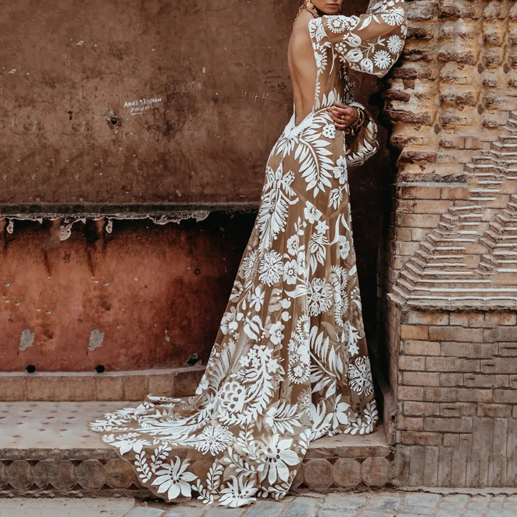 Vestido de noite feminino sem encosto com decote em v, elegante vestidos Boho, bordado transparente, manga comprida, vestidos de festa