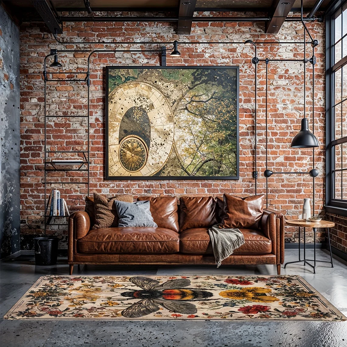 VIKAMA Antique Bee Garden Indoor Rug Vintage Bumblebee Wildflower Art Pattern Non‑Slip Stain‑Resistant Washable Floor Mat Home