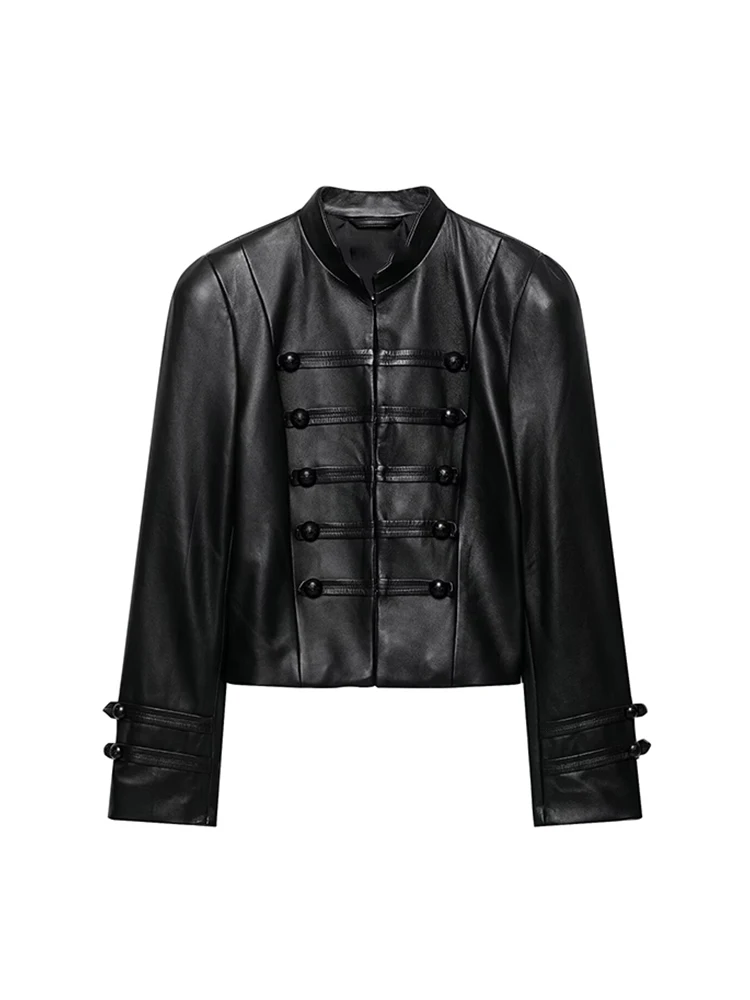 TFMLN Fashion Women's Faux Leather Jacket Stand Collar Button Decoration Long Sleeves Slim Coat Chic Autumn New PU Street Wear