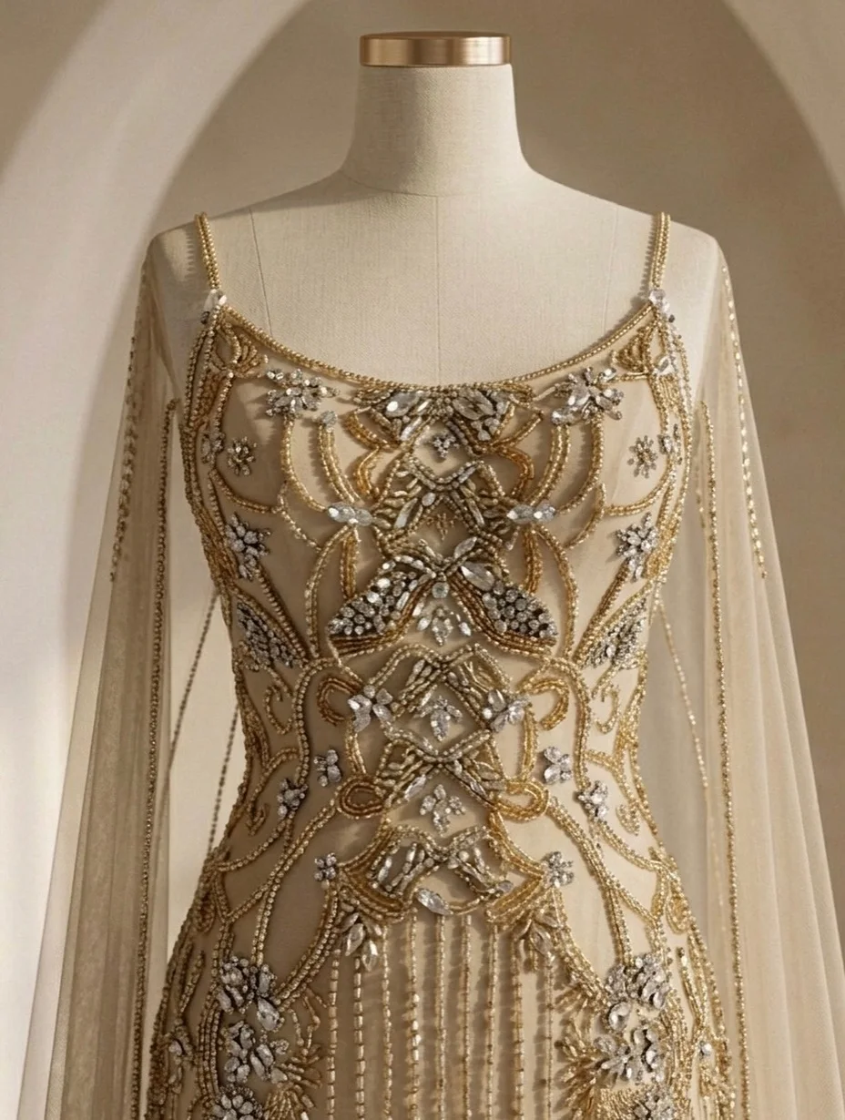 Luxuriöses Kristall-Perlen A-Linien-Abendkleid in Bodenlänge, Maßgeschneidert mit Spaghetti-Trägern und Langen Ärmeln, Damen-Partykleid Neu 2026