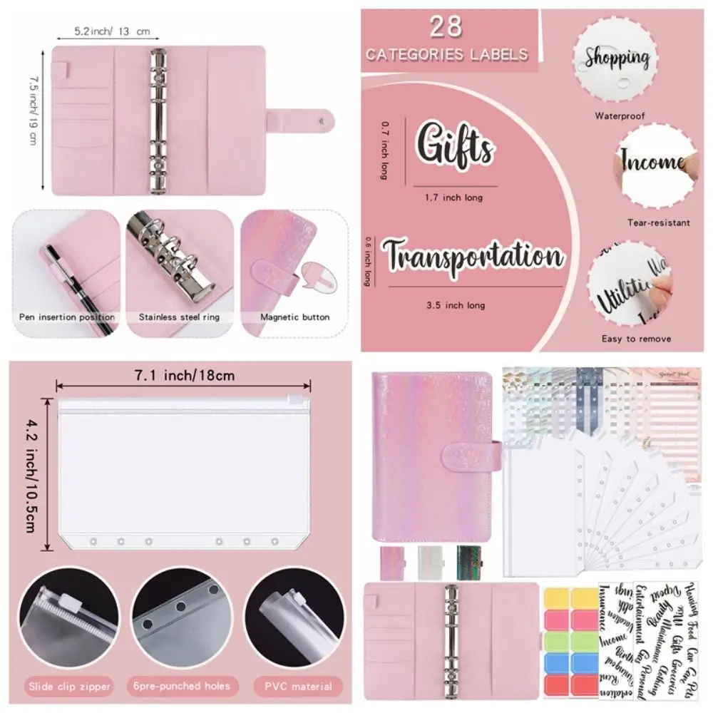 Classeur A6 à feuilles mobiles pour planificateur de Budget d'argent, avec fermeture éclair, enveloppes d'argent à la mode, carnet de notes créatif coloré à main