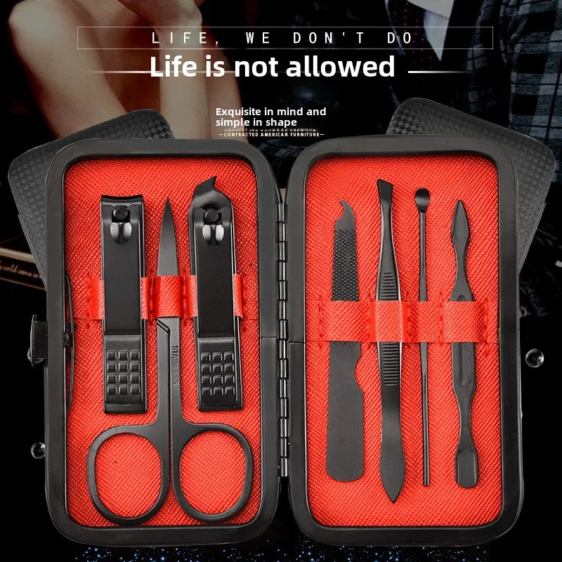 New 7 Pcs Portable Manicure Sets Pedicure Kits Bright Black Nail Clipper Set Personal Care Tools Eyebrow Scissors