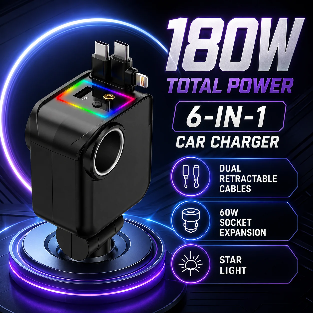 Cargador de coche retráctil 6 en 1 de 180W con cables USB C y Lightning, enchufe de 60W, luz estelar RGB ajustable 180 grados