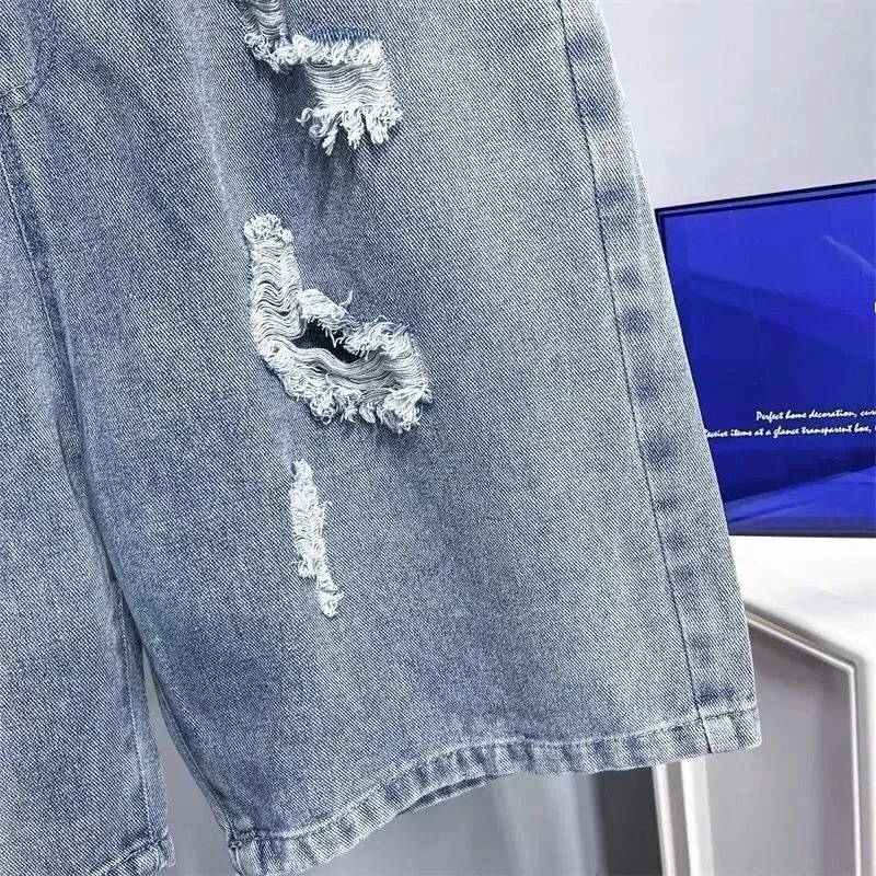Bermuda longa com bolsos, larga, solta, meia calça jeans curta masculina, rasgada, shorts jeans, baggy, verão, stretchable, com zíper