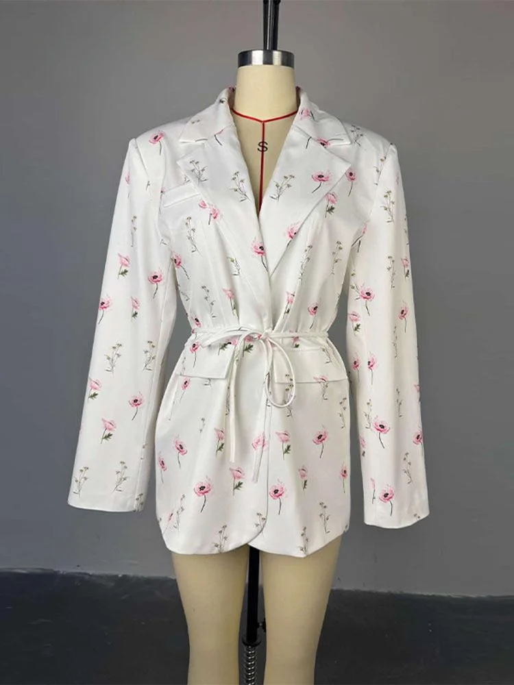 Damska marynarka z luźnym kwiatowym nadrukiem, klapy, długi rękaw, sznurowana, zapinana na jeden guzik, sznurowana kurtka, wiosna 2025, top w stylu high street.