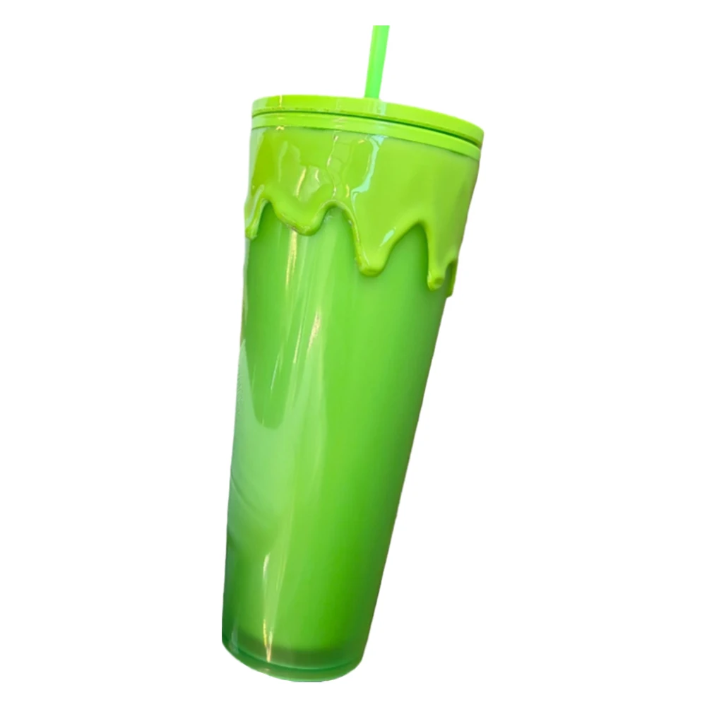 24oz/710ml Lava Halloween Theme Plastic Cup with Straw&Lid Slime Green Glow In The Dark Tumbler Cup Coffee Cup Holiday Gift