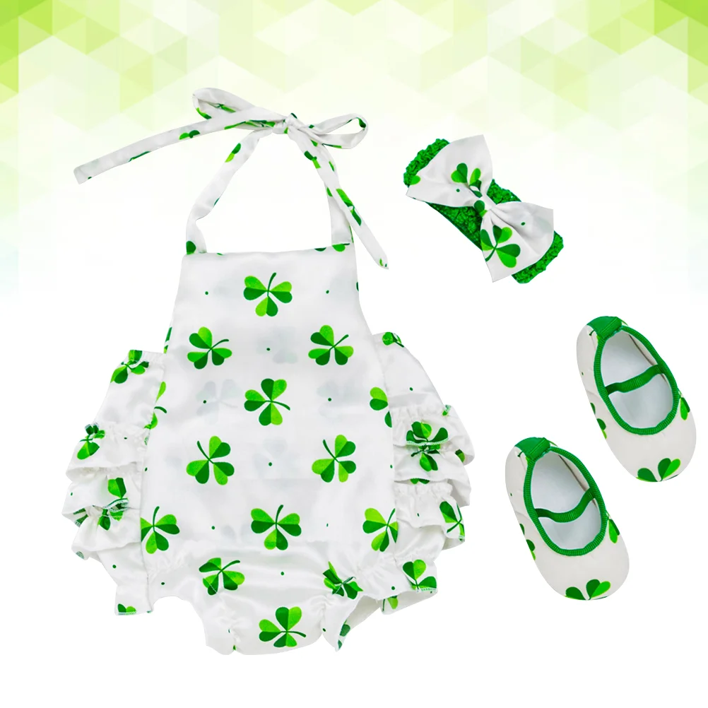 3 Pcs Baby Girl Hair Accessories Clothes One-pieces Rompers Green St Patrick's Pattern Outfits