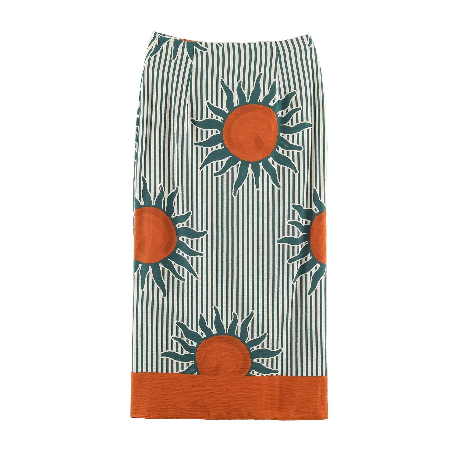BSAY 2026 Retro Art Women Sun Motif Striped Wrap Midi Skirt High Waist Asymmetric Split Button Decor Boho Casual Mid Calf Skirt