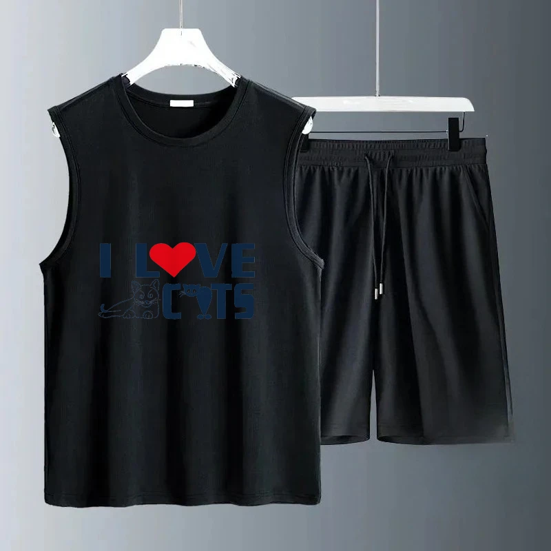 

2025 Casual Sleeveless Polyester Fiber Red heart and blue letter print suits Men Daily Lightweight Durable Outfit Set gym sets