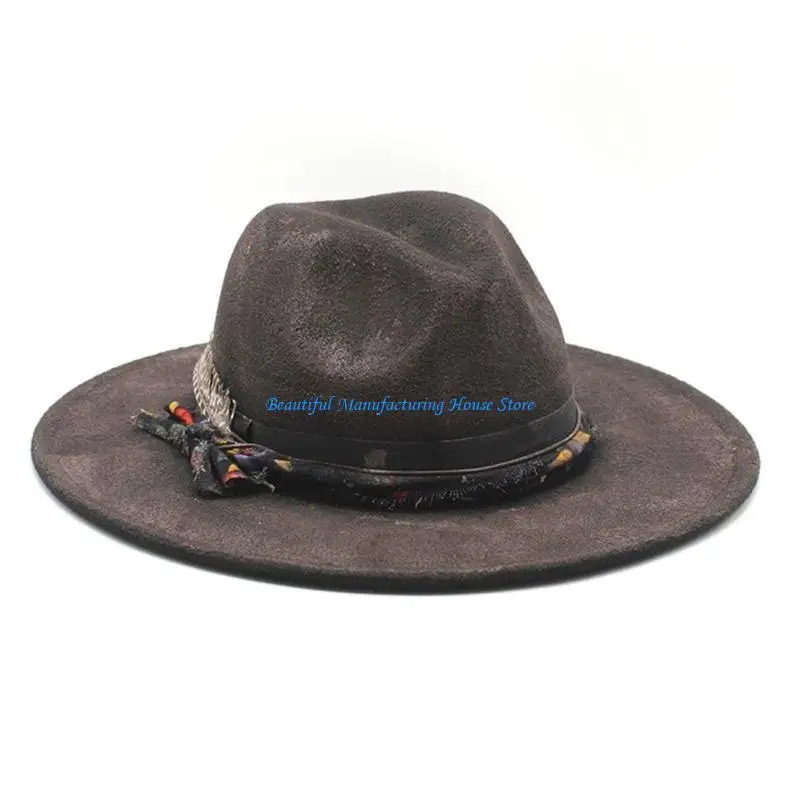 

E56A Classical Fedoras for Women Men with Woven Ribbon Feathered Bowler Hat Wide Brims Hat Cosplay Costume Formal Headwear