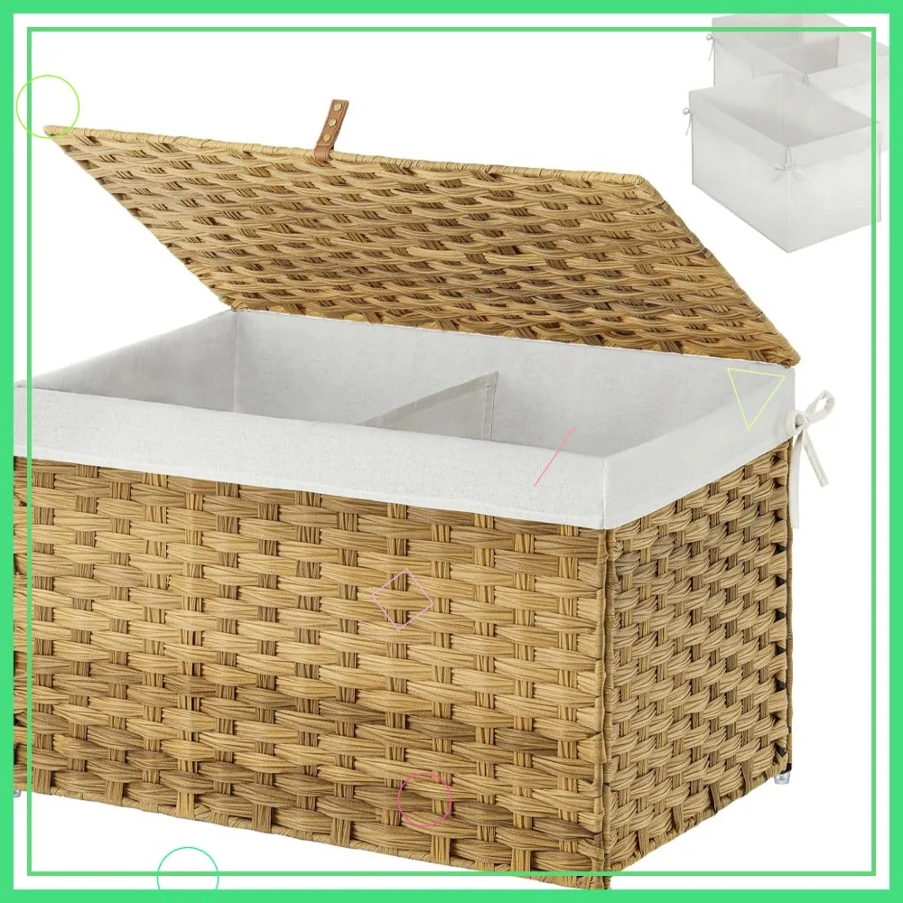 

Складная плетеная корзина для хранения объемом 65 л с крышкой, водонепроницаемыми и съемными вкладышами, для организации белья в спальне