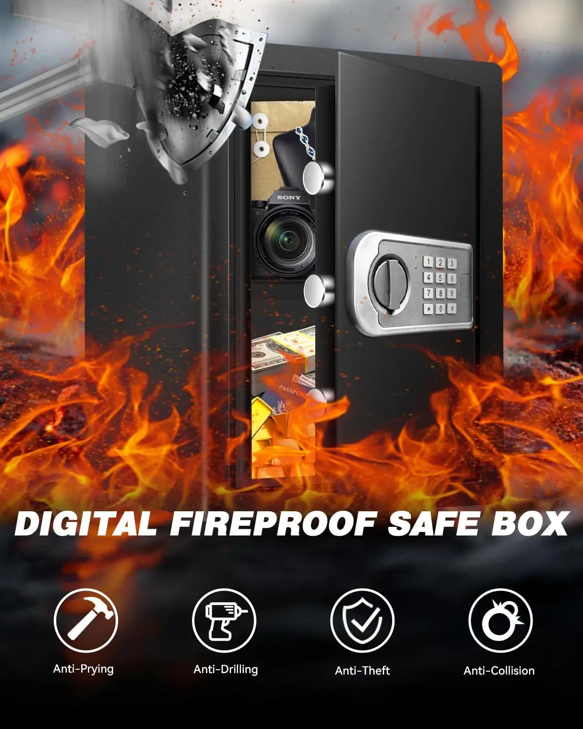 Large Safe Box for Home - 3.0 CuFt Heavy-Duty Cabinet with Motion Light & Dual Alarm, Digital Keypad & Override Key, Removable S