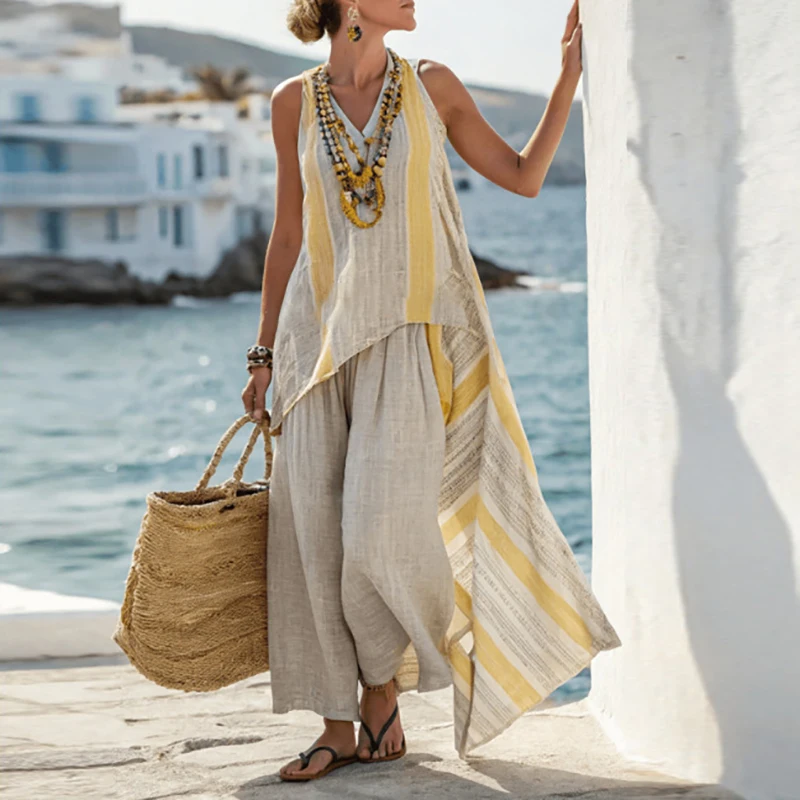 Harajuku Retro Striped Print Vacation Outfits Woman Spring V Neck Irregular Long Top & Wide Leg Pant Sets Sleeveless Summer Suit
