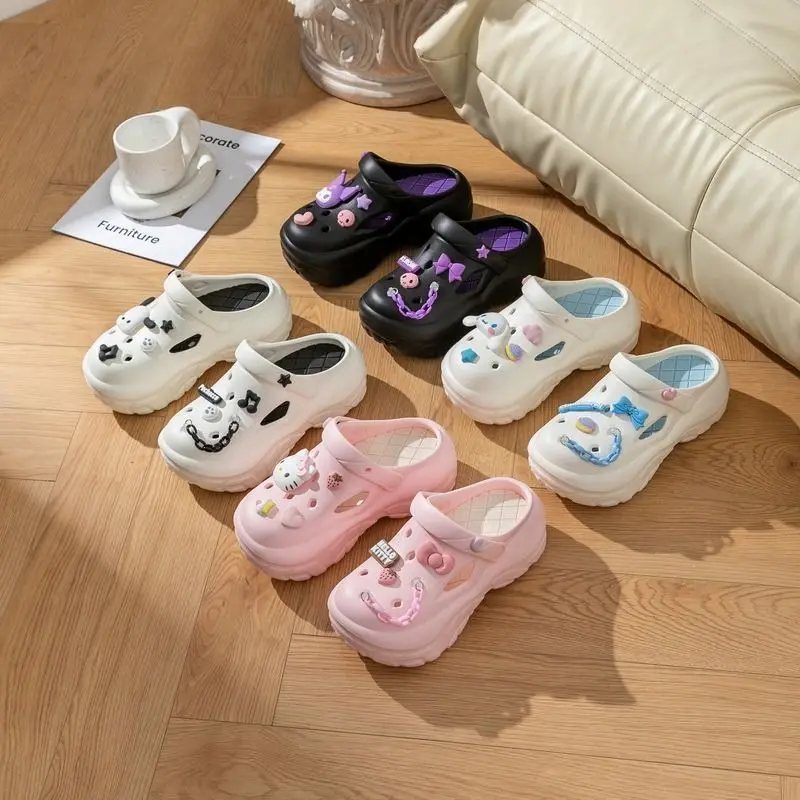 

Новые летние пляжные сандалии Sanrio Hello Kitty Cinnamoroll Kuromi 2026 года для женщин, на толстой подошве, для улицы, с закрытым носком, нескользящие