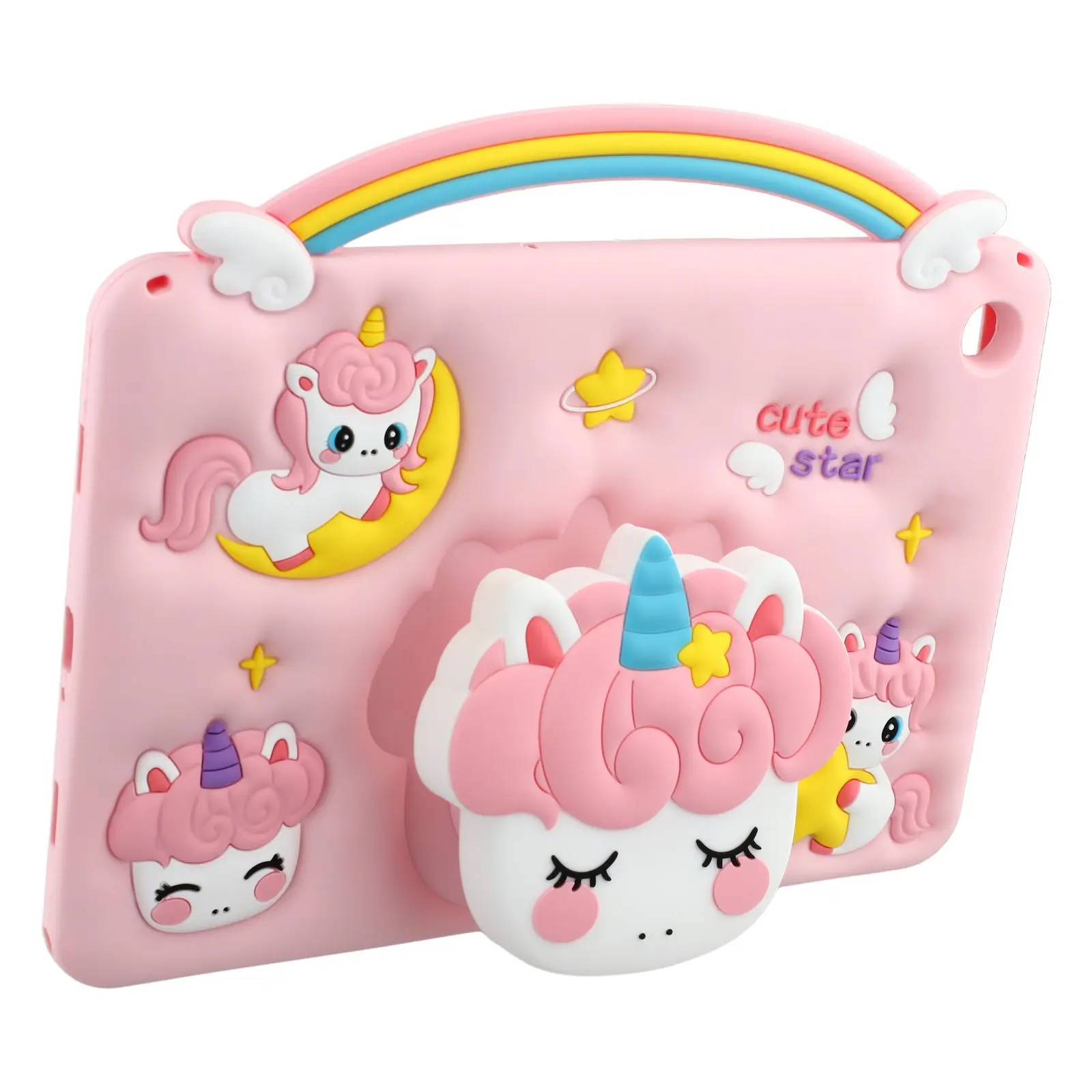 For Samsung Galaxy Tab A9+ Case Handle Unicorn Retractable Kickstand Silicone Tablet Cover with Shoulder Strap