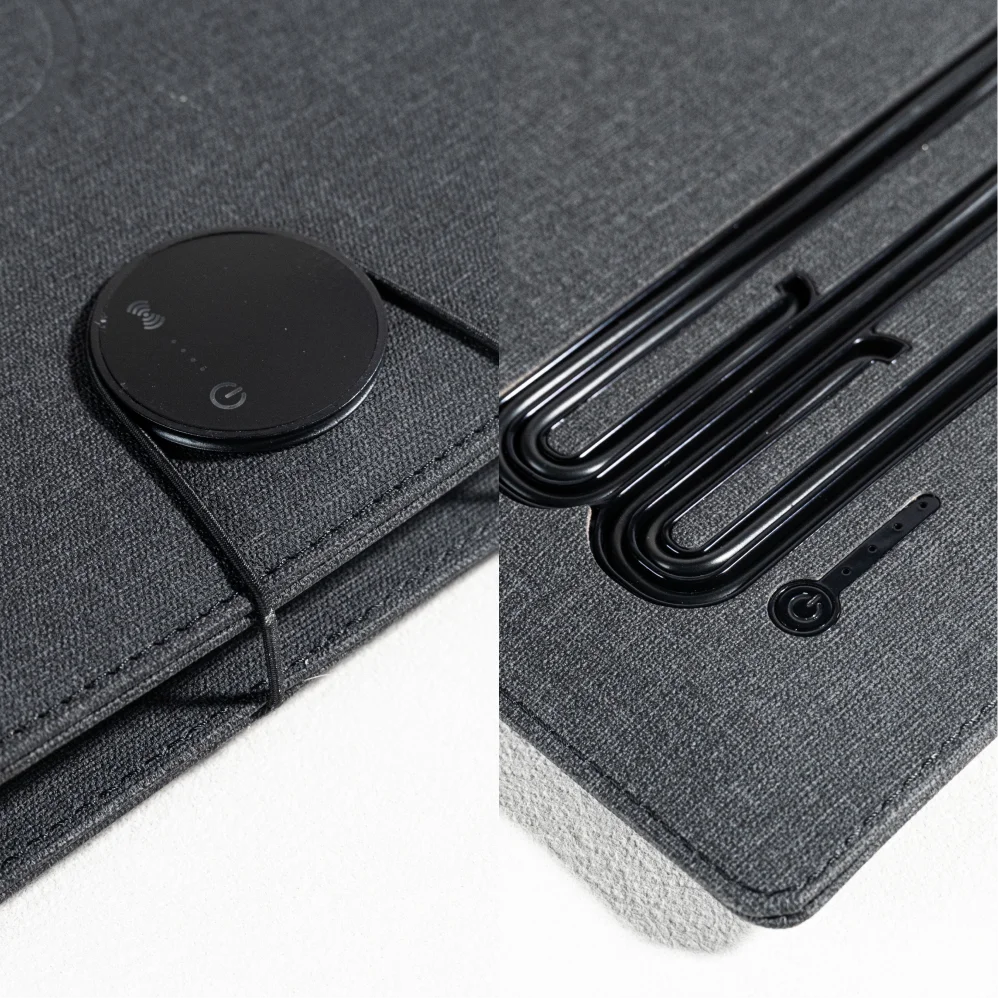 A5 Wireless Charging Notebook with Foldable Phone Stand, Linen Leather Cover, 3-in-1 Cable and Card Slots for Business Use