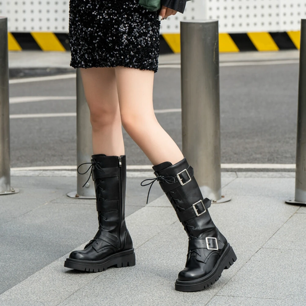 Punk Metal Decor Belt Buckle Mid-calf Gothic Long Boots Women Round Toe Lace Up Knight Boots Winter Outdoor Platform Shoes  18-3