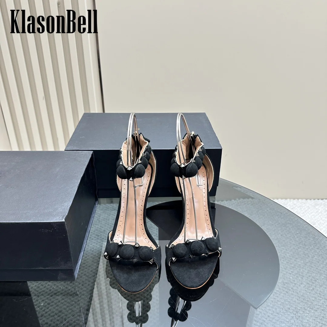 7.3 KlasonBell Women Metal Rivet High Heel Sandals 2024 Summer New Cow Suede Back Zipper Peep Toe Fashion Sandals