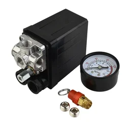 175psi  4 Port Air Compressor Pressure Switch Manifold Regulator Aluminum Alloy Safety Pressure Valve All Black Bracket