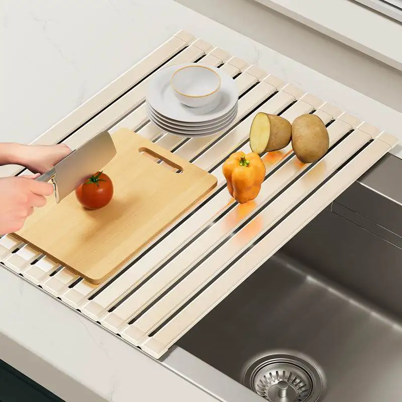 

Kitchen Sink Dish Drainer Rack Stackable Dishwasher Plate Bowl Holder Sink Strainer Pad Nordic Style L-Shaped Stainless Steel