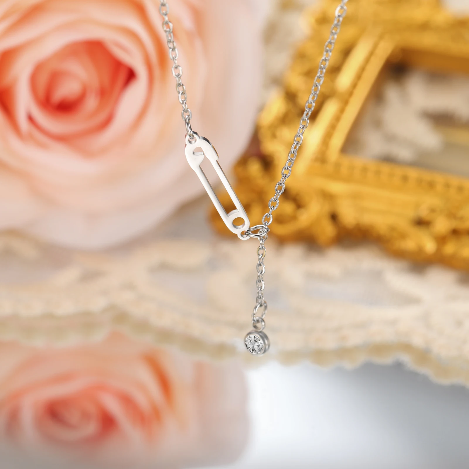 Unift Zircon Safety Pin Dangle Necklace for Women Girl Stainless Steel Necklace Choker Trendy Elegant Hope Faith  Jewelry Gift