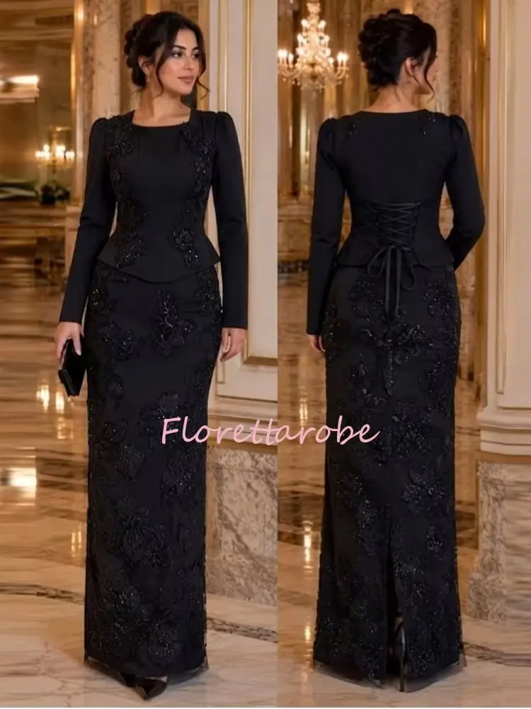 Black Mother of the Brides Dresses Saudi Arab Evening Dresses  Long Sleeves Beading Appliques Arabic Godmother Dress Customized view 2