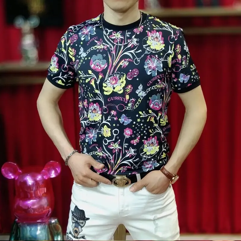 

Summer Flower Jacquard T-shirt for Men Fashion Slim Fit Short Sleeve T-shirts Ice Silk Breathable Social Casual Business Tee