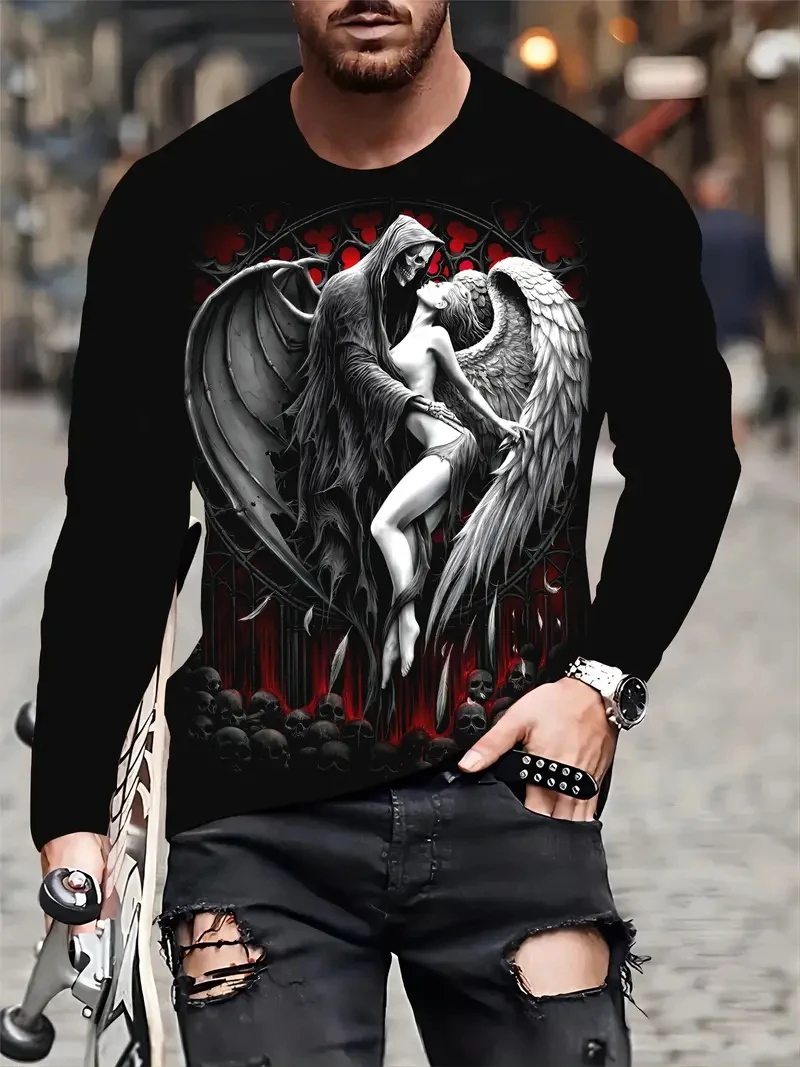 

Funny 3D Skull Print Men's Long Sleeve T Shirt Hip Hop Trend Harajuku Streetwear Casual Crew Neck Fashion Loose Breathable Tops