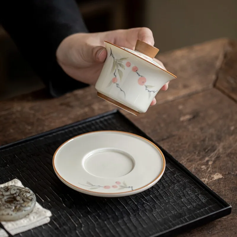Plant Gray Hand-painted Persimmon Ruyi Horseshoe Covered Bowl Ceramic Three-talent Tea Cup Covered Cup Single Tea Bowl Gaiwan