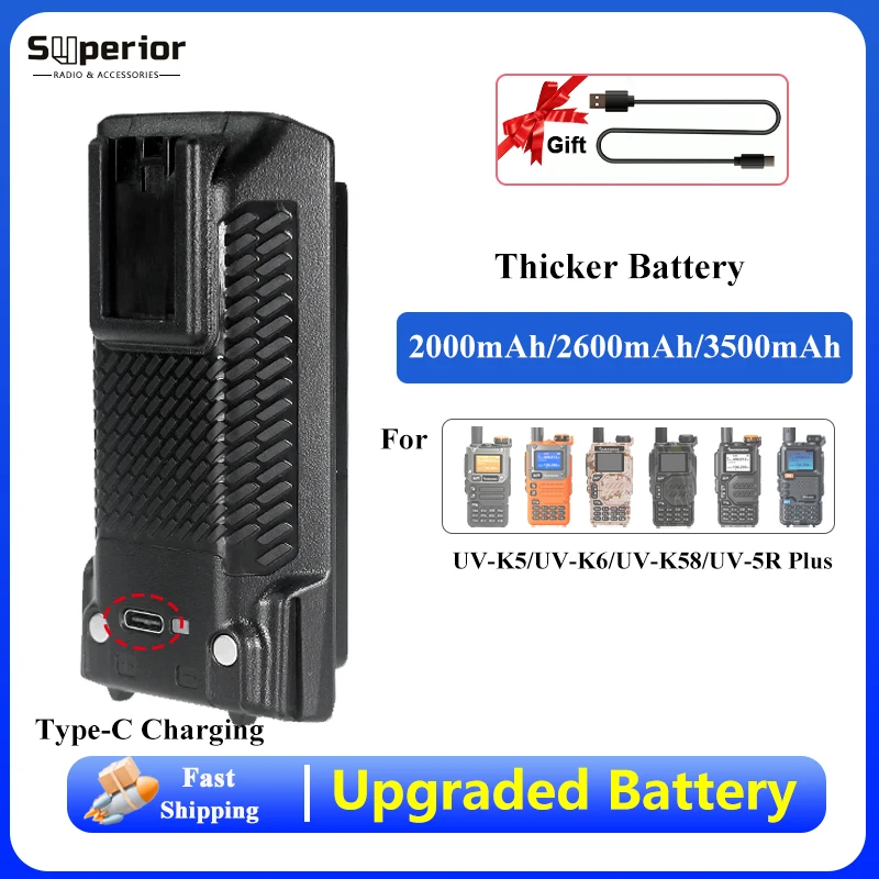 UV-K5 Thicker Li-ion Battery Quansheng UV-K6 Battery Type-C Charger 2000/2600/3500mAh UV5R Plus UV-K58 Radio Battery Replacement