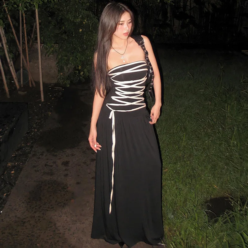 

Dresses For Women 2023 Lace Up Tube Top Maxi Dresses Summer 2023 Y2K Fairy Grunge Black A Line Long Dress Vestidos Para Mujer