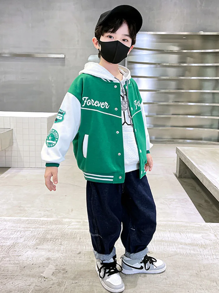 Kids Boys Bomber Jacket Children Spring Autumn Letter Print Outerwear Streetwear Varsity Baseball Uniform New Coats 3-14 Years