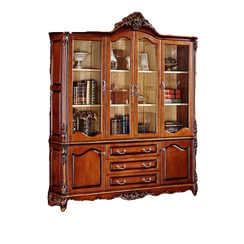 

European light luxury bookcase four doors solid wood carving flower glass study American retro cabinet home storage luxury fur