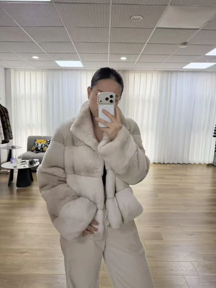 Women Real Rex Rabbit Fur Coat Stand Collar Short Jacket Chinchilla‑Look Pattern Horizontal Stripe Winter Warm Female Coat