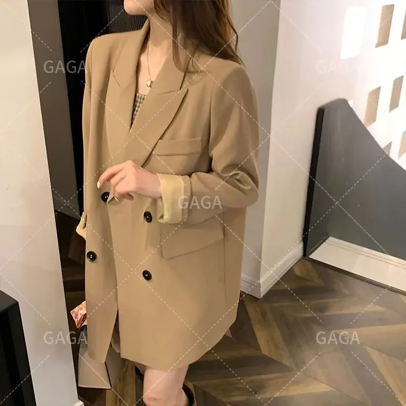 2024 Mini Khaki Women's Short 2 Sets Long Sleeve Outfits Summer Suits with Skirts and Blazer Two Piece Set for Woman Festival