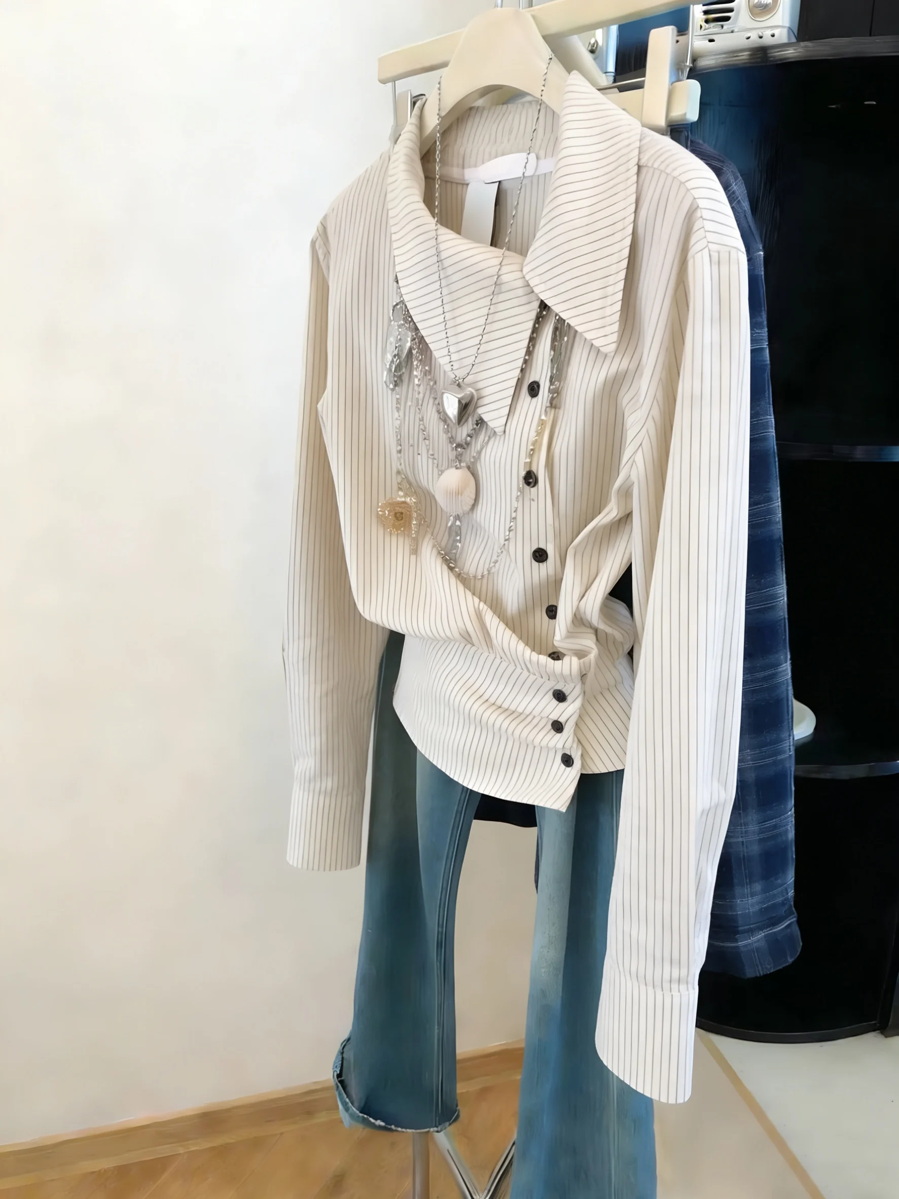 

Retro Heavyweight Striped Patchwork Long Sleeve Shirt Men Women Slim Fit Casual Style Spring Autumn Elegant Slimming Blouse