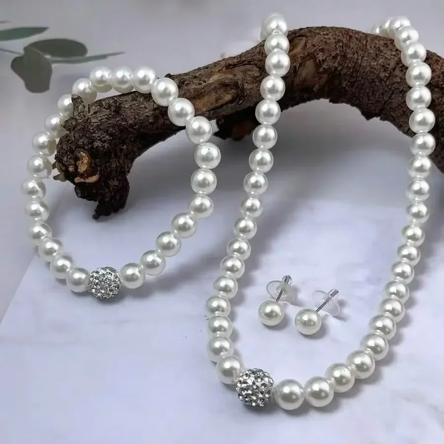 3 PCS set Imitation Pearl Fireball Necklace Bracelet Earring Stud Jewelry Set Silver Color Crystal Stone Elegant Bridal Jewelry image 3