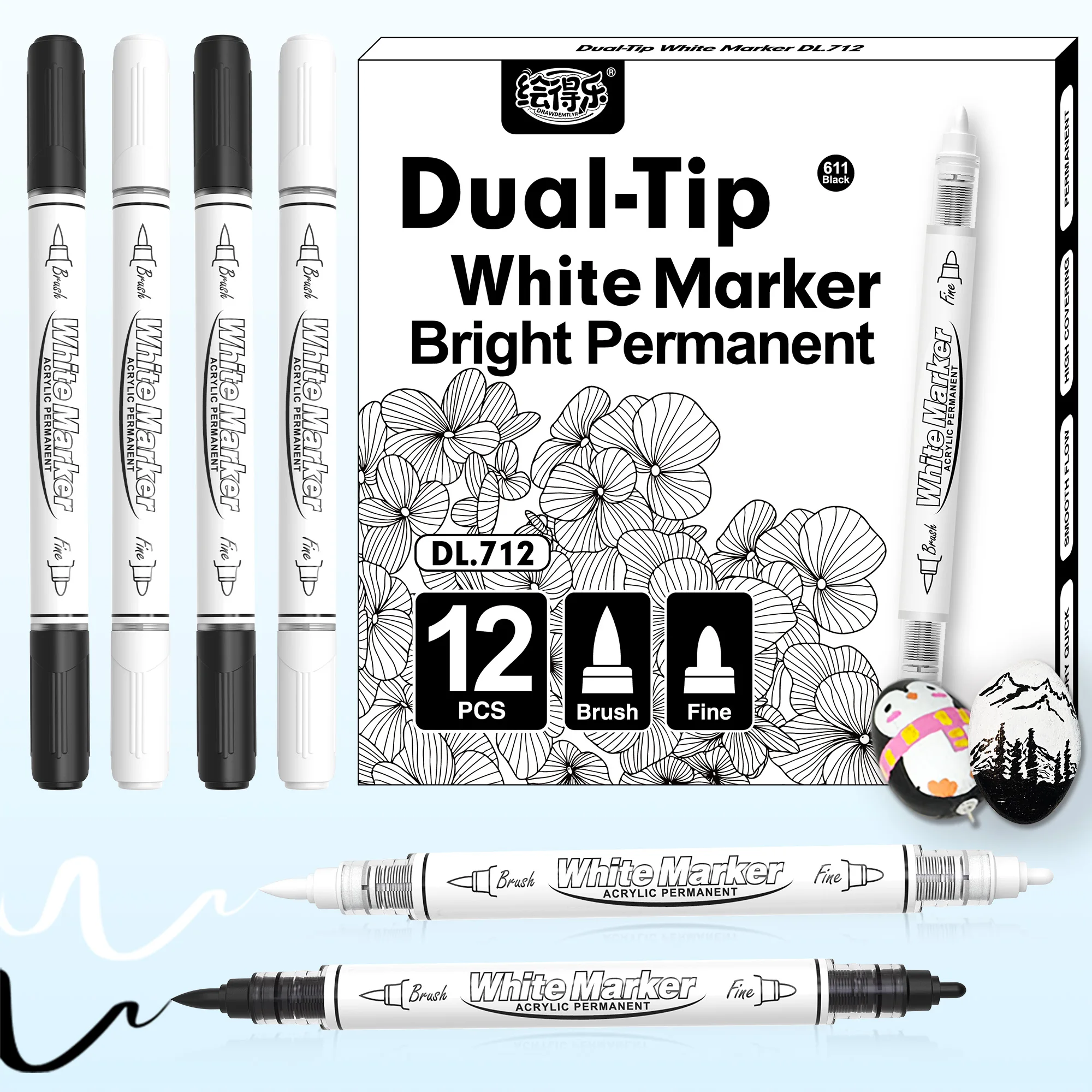 

12 Acrylic Paint Markers Double Head Black/White Brush Tip Paint Markers for Rock Painting Stone DIY Card Making Art Supplies