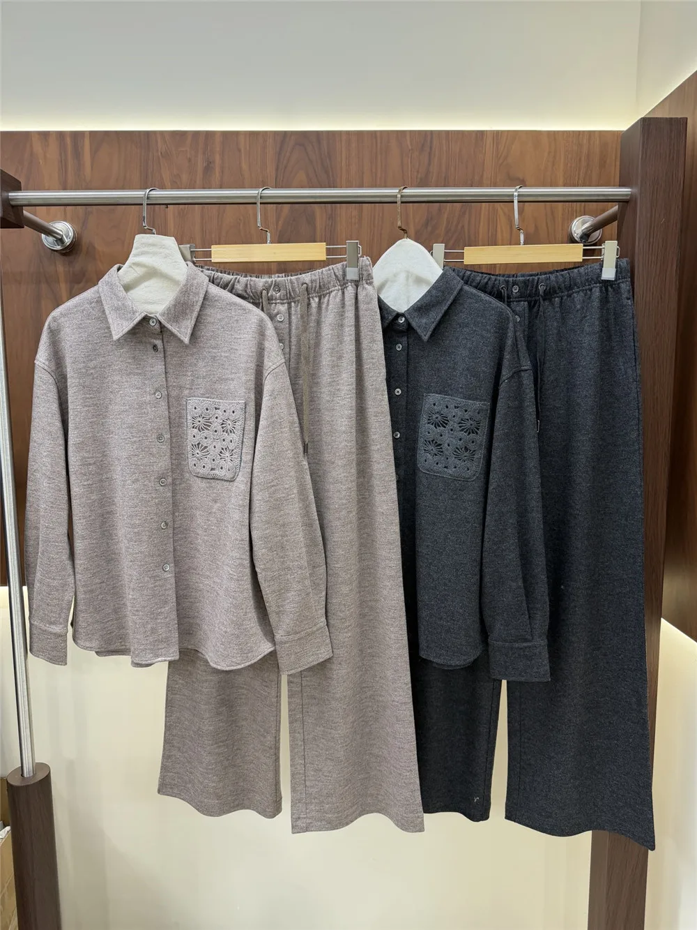 Women's Matching Set Wool Shirt Top With Drawstring Casual Trousers Two-Piece Set
