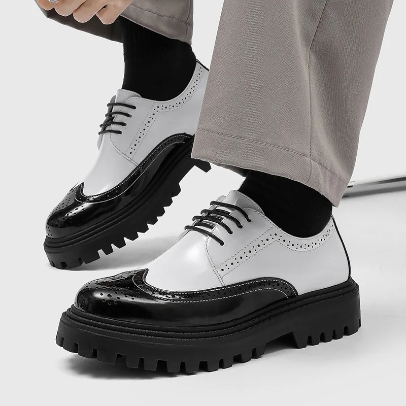 

mens fashion stage nightclub patent leather shoes lace-up carved brogue shoe designer platform sneakers breathable cool footwear