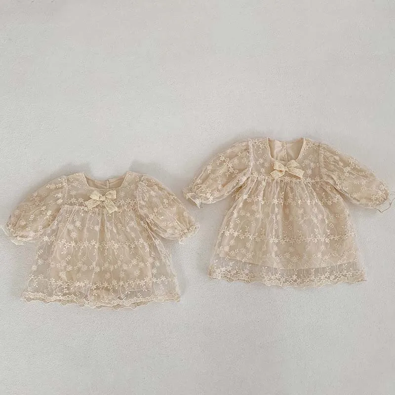 Autumn Newborn Infant Lace Mesh Bow Long Sleeve Princess Bodysuit Dress Girl Baby Sweet Cotton Embroidery Flower Fashion Dresses