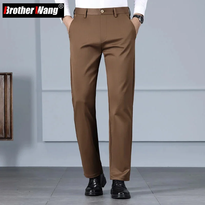 Autumn 2024 New Brown Men's Trousers Classic High Waist Twill Regular Straight Business Office Casual Pants Brand male Clothes