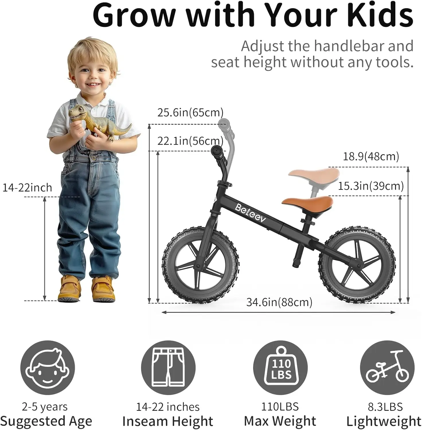 Rowerek biegowy dla dzieci w wieku 2-5 lat z podświetleniem LED, regulowany fotel i kierownicę oraz podnóżek, 12-calowe pociągi bez pedałów