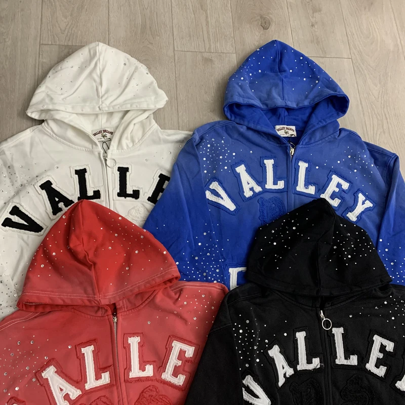 Y2K Men's Clothing VALLEY Hoodie Patchwork Embroidered Shining Diamond Zipper Oversized Hooded Sweater Fast Delivery