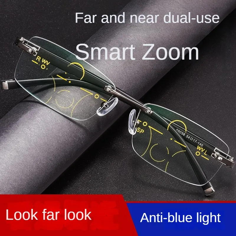 New Luxurious Bifocal Progressive Reading Glasses Men Blue Light Blocking Multifocal Eyewear Ultralight Rimless Eyeglasses