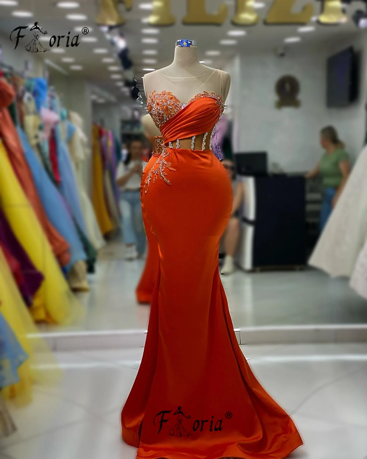 Orange Satin Sheer Neck Mermaid Formal Occasion Party Gowns Beaded Corset Evening Dresses Custom Made Maxi Prom Dress Elegantes