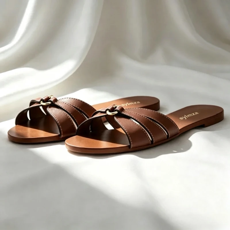 Brown Cross Tied Sewing Detail Flat Sandals Women Fashion Metal Decorations Designer Shoes Summer Sexy Open-toe Beach Sandals