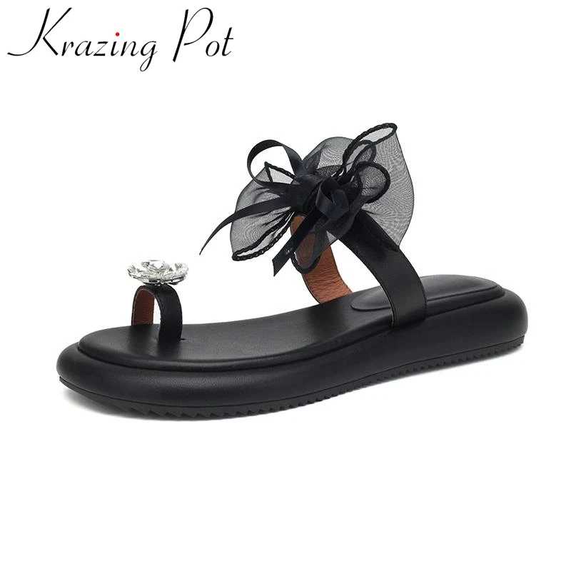 Krazing Pot Natural Cow Leather Flip Flops Flat Platform Simple Mesh Bow Tie Crystal Set Finger Basic Women Chic Luxury Sandals